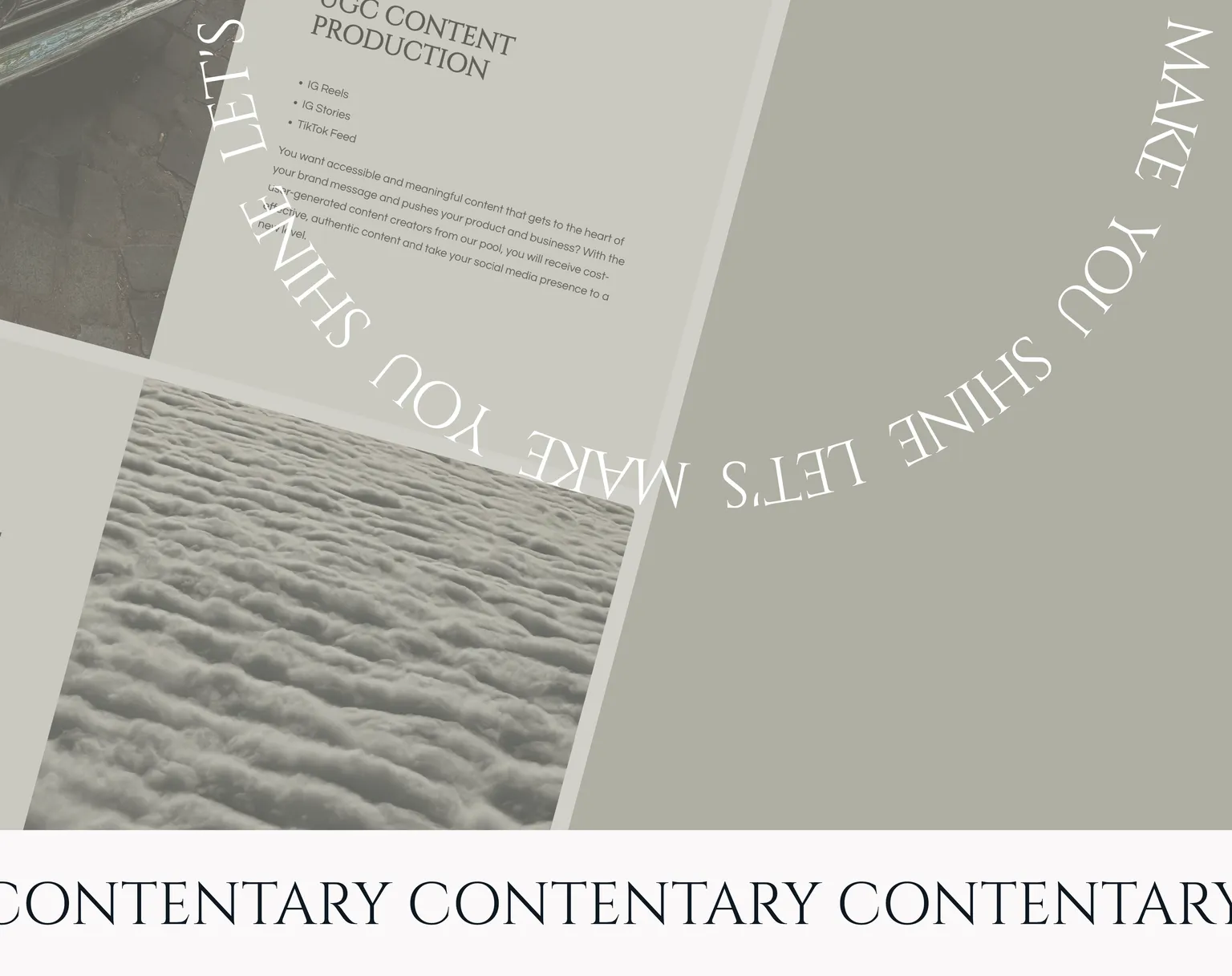 A part of the website with a "Let's make you shine" postmark on top and a "Contentary" marquee footer
