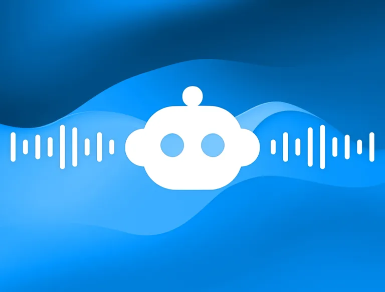 A white Anna robot icon flanked by digital audio waveforms against a deep blue, undulating background, symbolizing AI-driven recruitment and voice technology.