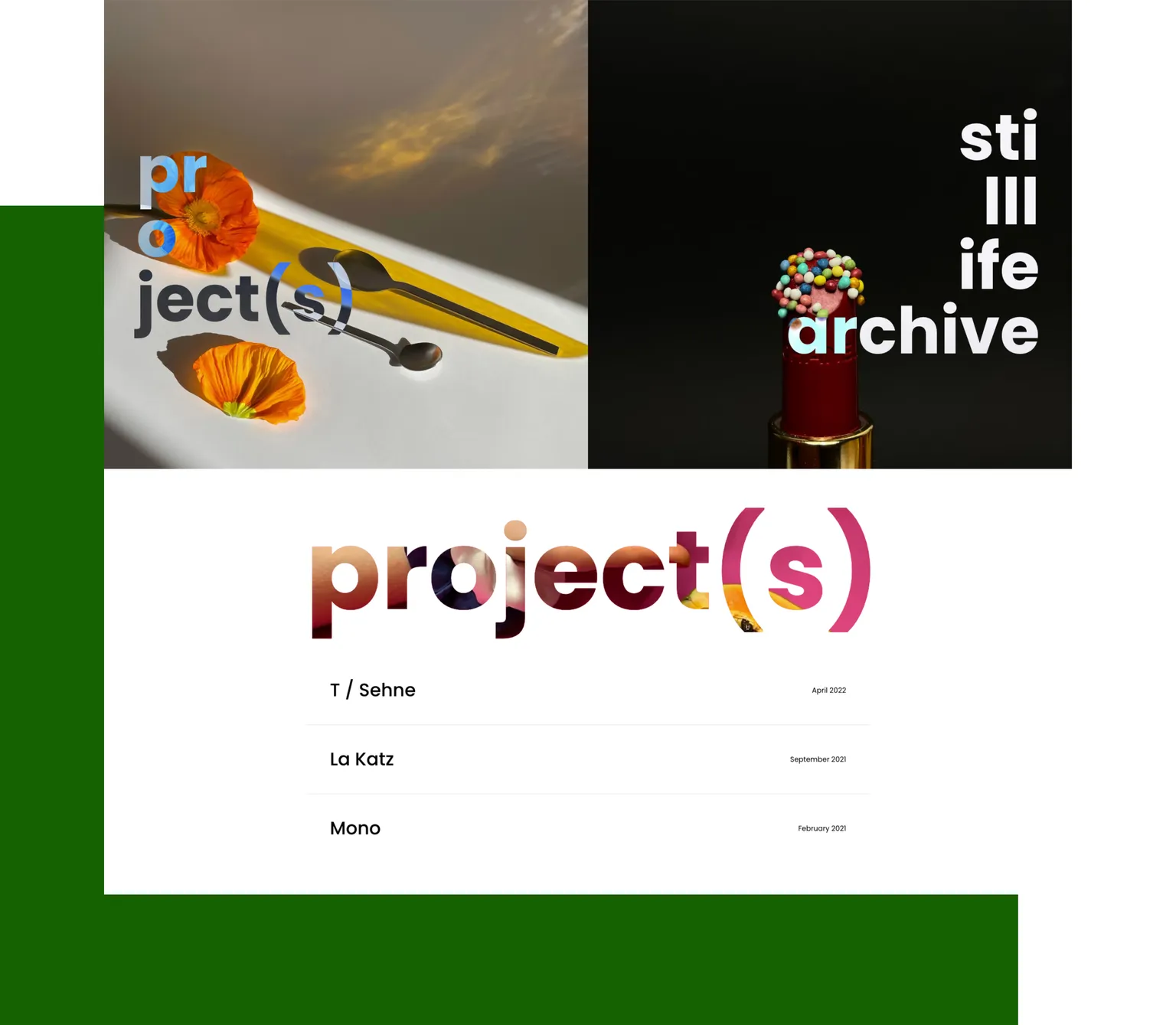 Eine Vorschau auf die Hero und Projekte Sektionen der Website