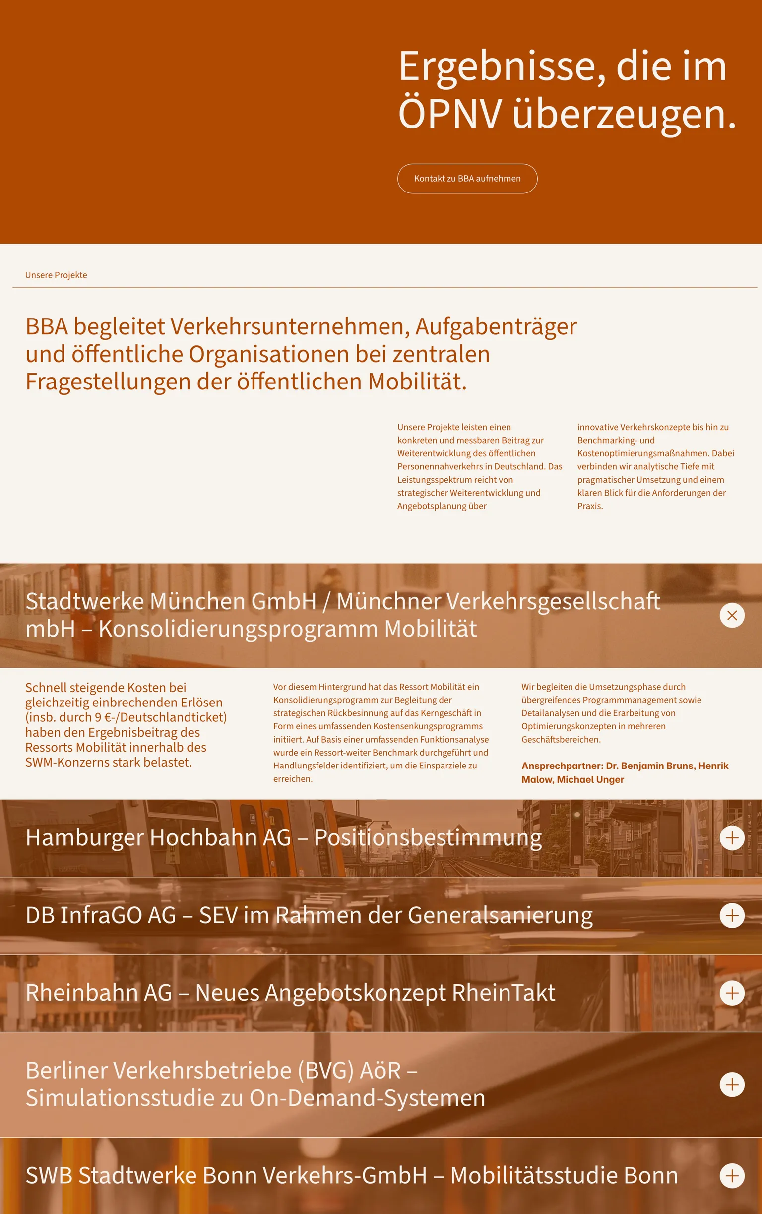 A desktop view of the BBA "Projects" page, displaying an accordion-style list of case studies including Stadtwerke München and Hamburger Hochbahn.