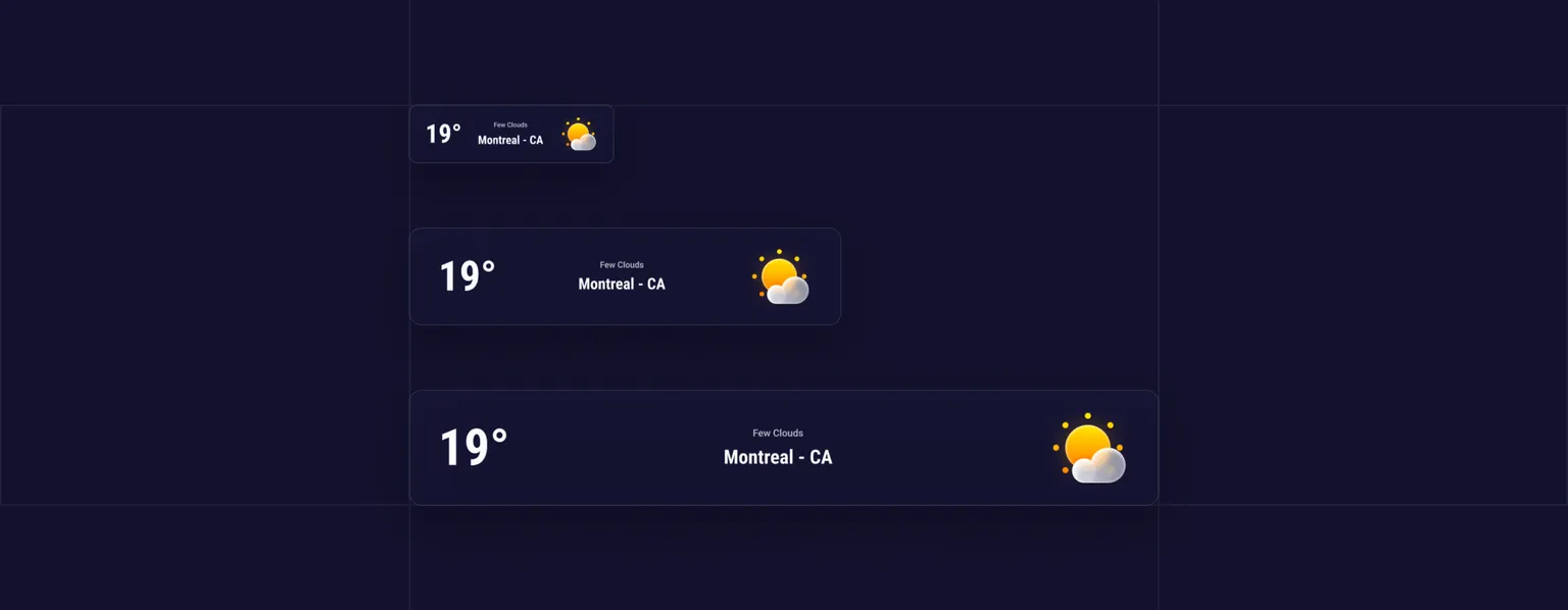 Weather card variations for three different device breakpoints