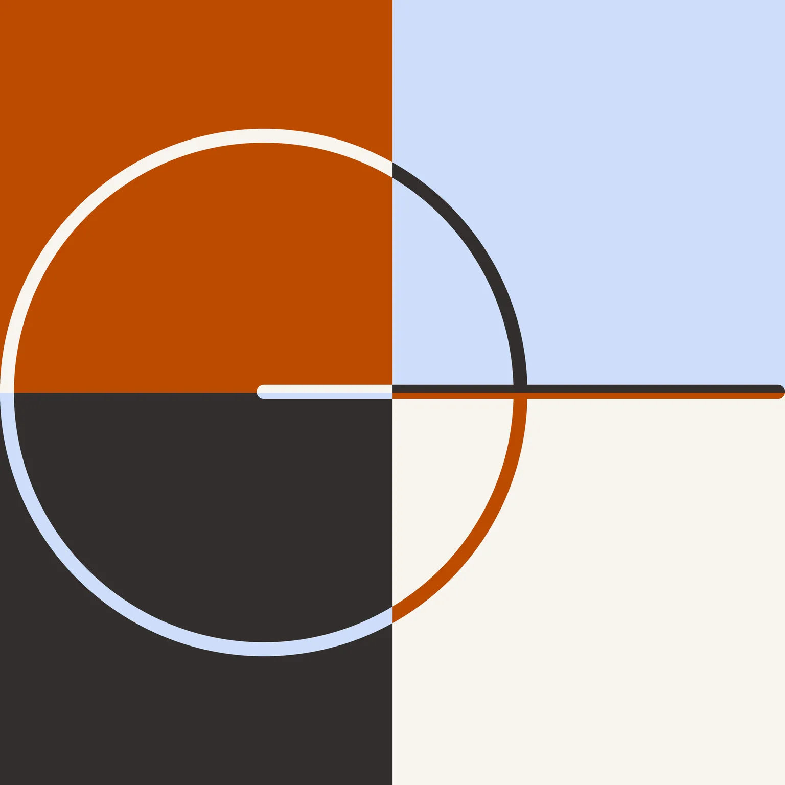 A minimalist brand graphic consisting of a four-quadrant square in orange, light blue, dark grey, and off-white, overlaid with a white circle and intersecting lines to form a modern geometric icon.