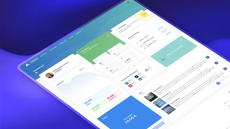 An isometric perspective of the everbay recruiting dashboard, featuring clean UI cards for applicant statistics, campaign status, and conversion rates across social media platforms.