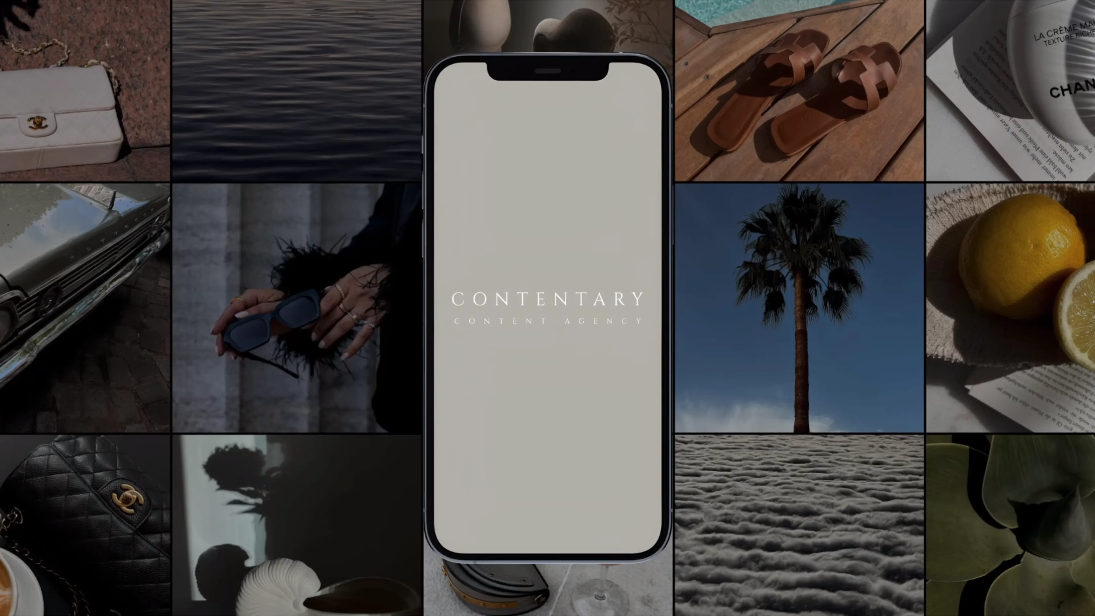 Ein iPhone mit dem Contentary-Logo und einem lebendigen Moodboard im Hintergrund