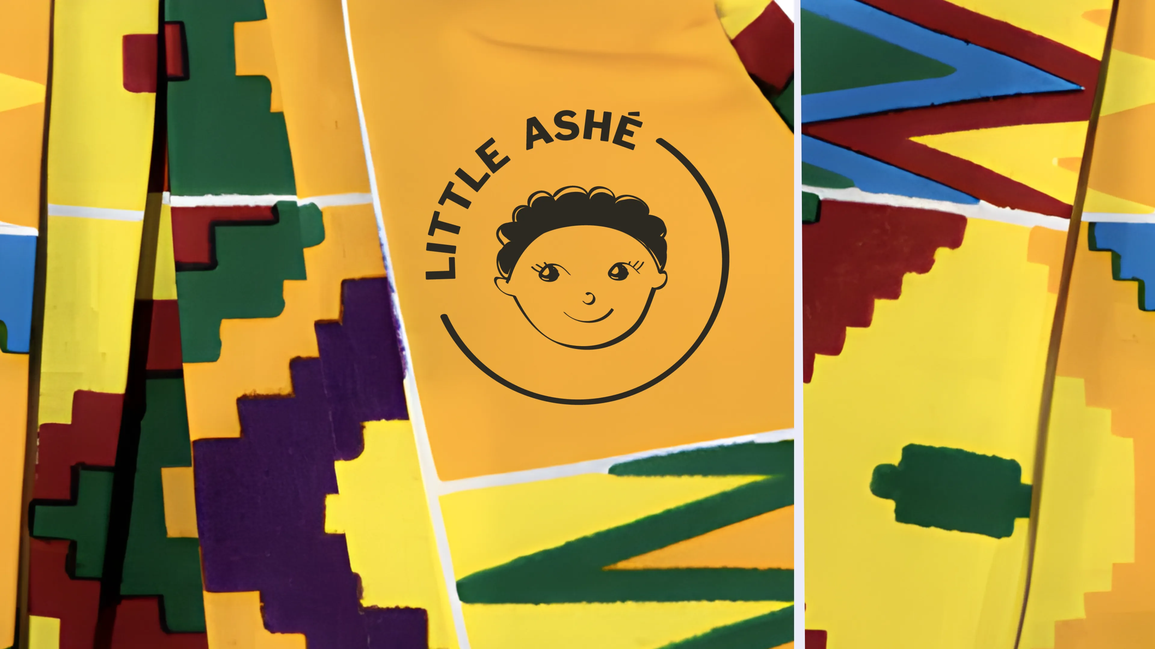 A vibrant fabric pattern with the LITTLE ASHÉ logo