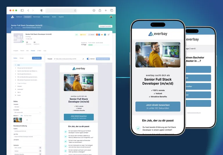 A multi-device mockup showcasing the everbay funnel flow: a desktop browser displays the recruiter's editor view, while two mobile phones show the conversion-optimized applicant-facing multi-step funnel form website.