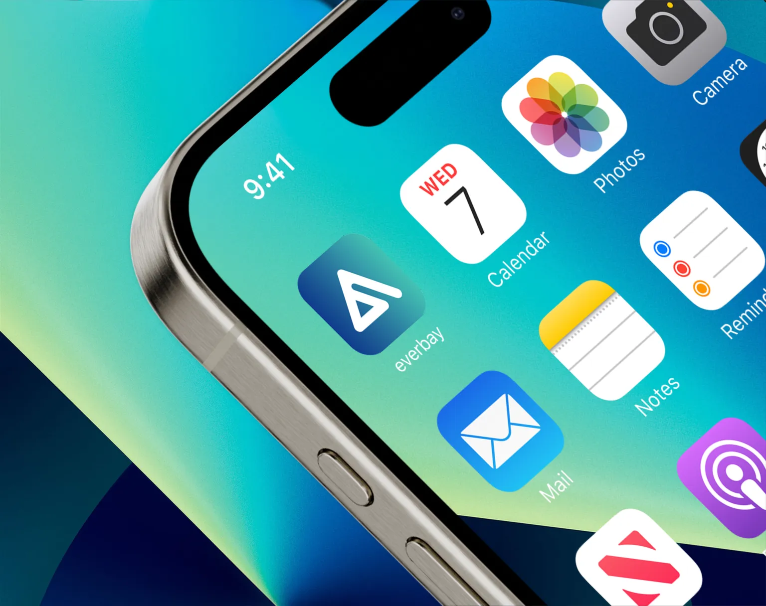 A high-resolution close-up of a smartphone home screen, highlighting the everbay app icon with its distinct white logo on a blue gradient, positioned among native iOS apps.