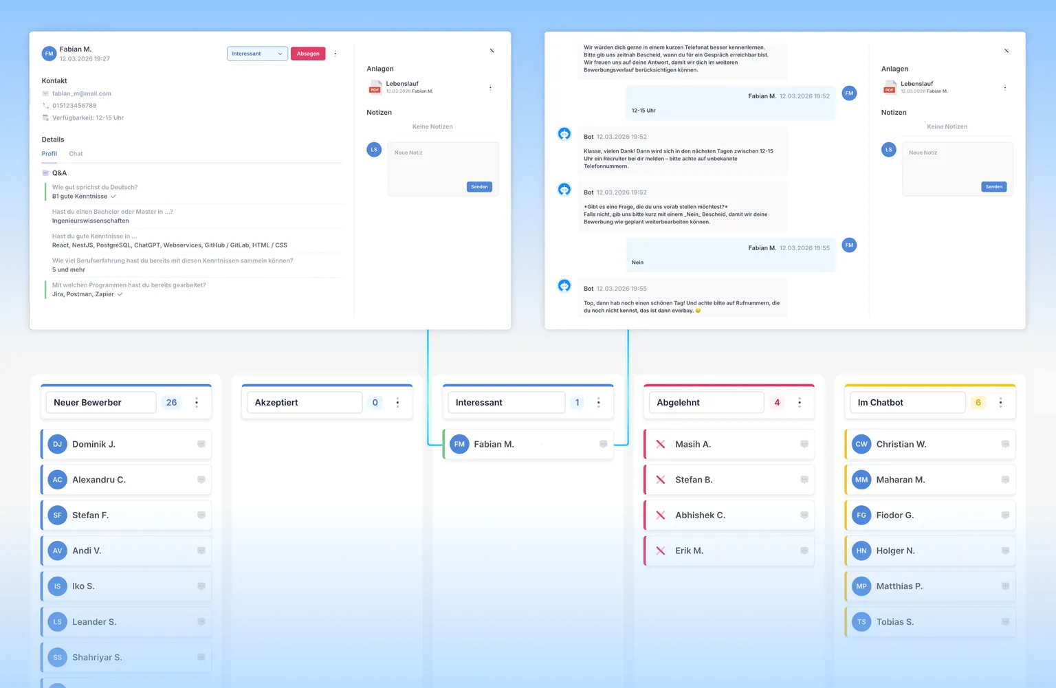 Applicants Kanban-Board with detailed applicant cards including chatbot history, Q&A and CV.